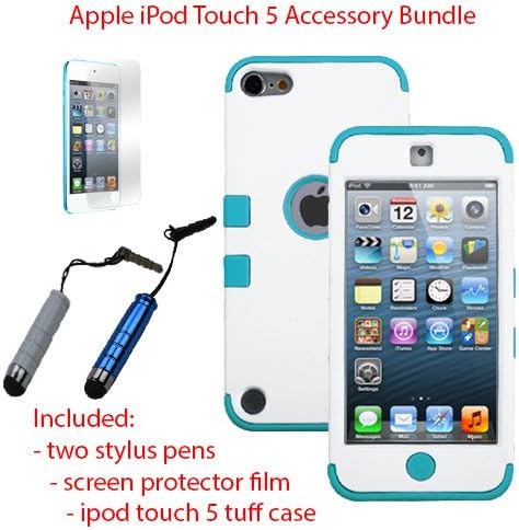 MINITURTLE, Premium Sleek Dual Layer 2 in 1 Hybrid Protective TUFF Case Cover, Two Mini Stylus Pen, and Screen Protector Film for Apple iPod Touch 5 5th Generation (White / Teal)