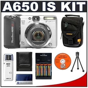 Canon PowerShot A650 IS 12.1 Megapixel Digital Camera with 6x Optical Zoom + High Speed USB 2.0 SecureDigital (SD) Card Reader + (4) - 2700mAh AA NiMH Rechargeable Batteries w/5 Hour 110-220v Charger + Digital Camera Case