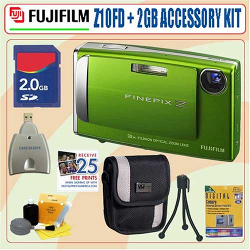Fuji Finepix Z10fd 7.2MP Digital Camera (Wasabi Green) with 2 GB Accessory Kit. Includes 2 Gigabyte SD Secure Digital Memory Card, High Speed USB Card Reader, Well Padded Camera Carrying Case w/Pockets & Strap, Flexible Mini Tripod, Lens Care Cleaning Kit, Package of LCD Screen Protectors, and a BONUS of 25 Free Quality Prints.