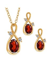 2.08 Ct Genuine Oval Red Garnet Gemstone 18k Yellow Gold Pendant Earrings Set