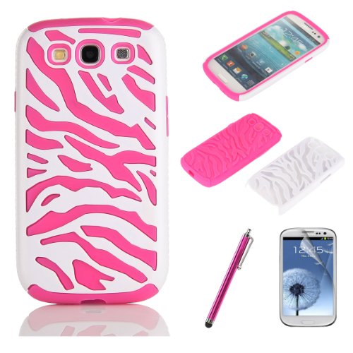 Pandamimi Pink White Zebra Combo Hard Soft High Impact Samaung Galaxy s3 i9300 Armor Case Skin Gel with free screen protector and stylus