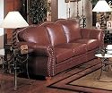 Cognac Finish 100% Real Italian Leather Sofa Couch with Nail Head Trim