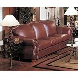 Cognac Finish 100% Real Italian Leather Sofa Couch with Nail Head Trim