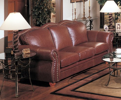 Cognac Finish 100% Real Italian Leather Sofa Couch with Nail Head Trim