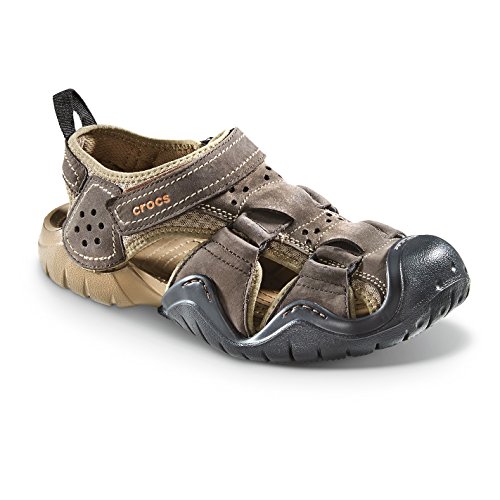 crocs Men's Swiftwater Leather Fisherman Sandal, Espresso/Walnut, 13 M US