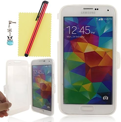 Ancerson New Stylish Frosted TPU Transparent Clear Ultra Slim Protective Flip Folio Case Cover for Samsung Galaxy S5 Free with a Red Stylus Touchscreen Pen, a 3.5mm Universal Crystal Diamond Rhinestones Bling Lovely Silvery Flower Blue Panda Pendant Dust Plug and a Cleaning Cloth (Transparent)