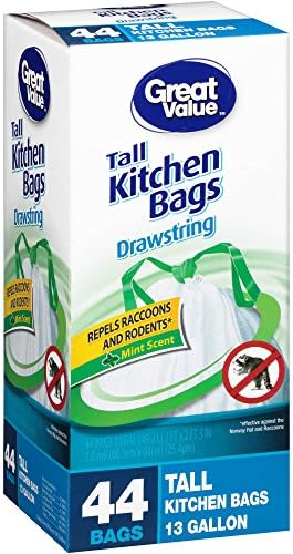 13 Gallon Drawstring Trash Tall Kitchen Bags Mint Scent, 44 count, Great Value