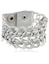Leather and Chain Snap Metallic Silver Bracelet, 7"