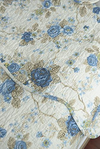 3-piece Reversible Quilted Coverlet Set, California King/Queen, Cotton Cover and Fill, Blue Floral (Queen)