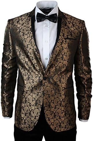 Warthel Mens Slim Fit Gold Black Paisley Suit Tuxedo Wedding Party Shiny gold 36