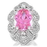 Mary's Pink Art Deco Cocktail Ring Silvertone Jewelry Ladies Classy Filigree Jewelry in Gift Box New Size 7