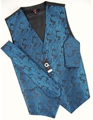 Brand Q Wedding Vest Set Metallic Blue Paisley 3pcs Tuxedo Vest + Necktie +... by Brand Q Vest