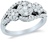14k White Gold Diamond Engagement Anniversary Channel Set Three 3 Stone Type Setting with Side Stones Flower Shape Center Round Brilliant Cut Diamond Ring 22mm (1.0 cttw)
