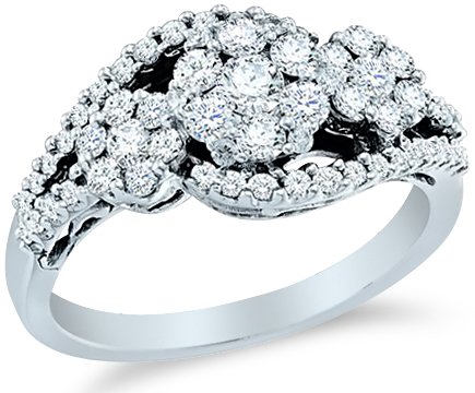 14k White Gold Diamond Engagement Anniversary Channel Set Three 3 Stone Type Setting with Side Stones Flower Shape Center Round Brilliant Cut Diamond Ring 22mm (1.0 cttw)