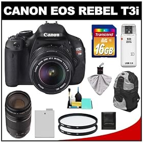 Canon EOS Rebel T3i 18.0 MP Digital SLR Camera Body & EF-S 18-135mm IS Lens with 75-300mm III Lens + 16GB Card + Battery + Case + (2) Filters + Cleaning Kit