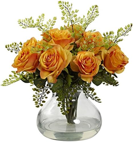 Rose &amp; Maiden Hair Silk Arrangement - Orange/Yellow