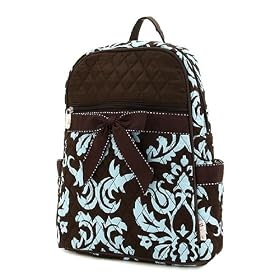Medium Belvah Damask Quilted Backpack Purse - Chocolate Brown, Blue (11 x 13 x 5)