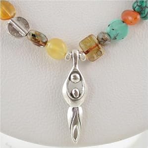 Turquoise Gemstone, Amber and Sterling Silver Bead Necklace with Lunar Goddess Pendant, #9018