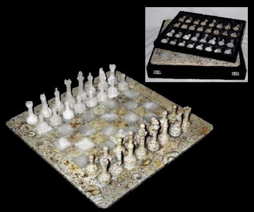 51wqnj2KlJL Coral Marble & White Onyx Chess Set with Storage Case   12 Board