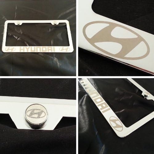 Polish Chrome Laser Engraved Hyundai Stainless Steel USA License Plate Frame With Engraved Steel Logo Screw Cap Combo 12.25" x 6.5"