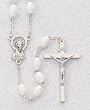 18" Silver Plated Rosary with 5mm White Plastic Beads, Mary Emblem, and Crucifix - MADE IN ITALY