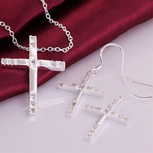 Beautiful Design Silver Plated Cross Necklace Pretty Drop Earring Set for Ladies Girls