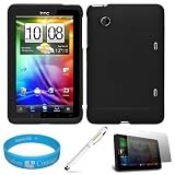 Black Two Piece Snap-On Shiled Protector Case for HTC Flyer Tablet also compatible with Sprint HTC EVO View 4G Android Tablet + Scratch Guard Clear Screen Protector + Executive White Stylus Pen with Laser Pointer and LED Light + SumacLife TM Wisdom*Courage Wristband