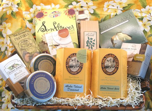 Deluxe Gourmet Food Gift Basket - Golden Gift Basket with 100% Kona Coffee by Cheese Basket