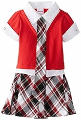 Girls Sweater Short Sleeves Plaid Print Pleated  Cotton/Spandex  Dress With Rhinestones