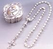 First Communion Sterling Silver Rosary with 5mm Pearl Beads, JHS Cross, and Metal Case - MADE IN ITALY
