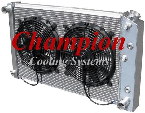 4 Row All Aluminum Replacement Radiator AND 12" Reversible Dual Fans for Multiple GM Applications and Models: Buick, Apollo, Century, LeSabre,Regal, Skylark, Seville, Blazer/Jimmy, Camaro, Caprice, Plymouth, Oldsmobile, Cadillac, and More - Manufactured by Champion Cooling Systems, Part Number: MC162FAN