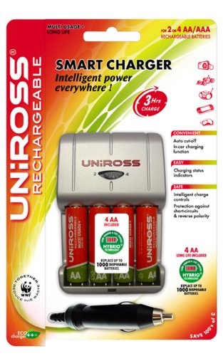Uniross Smart Charger + 4 x AA Multi Usage Long Life Batteries