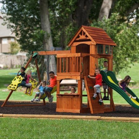 Wooden Set Backyard Play Tree House deck clubhouse swings rock climbing wall Slide Wood Roof Safe-T-Fuse Fastener System Deluxe ship's-wheel glider multiple 18' 1" Lx 7' 9 1/2" Wx 9' 3 1/2"H delivery