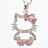 Pink October CZ Color Birthstones Birthday Dress Ribbon Bow Hello Kitty Bowknot Silver Austrian Crystals Rhinestones Pendant Necklace (Style and Length (Approx 16