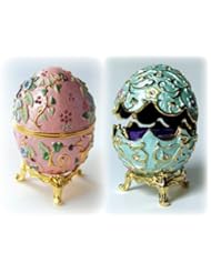 Set of Two Faberge Egg Boxes with Swarovski Crystals, Pink, Blue with Ring Inserts