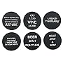6 Wine Coasters Funny Drink Premium Coasters for Beer Whiskey Cocktails and more. Large Size 4”x 4” - Rubber Made no fade logo molded to last a lifetime (Black Round)
