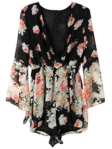 Persun Women Limited Black Floral Print Romper Playsuit With Long Flare Sleeves
