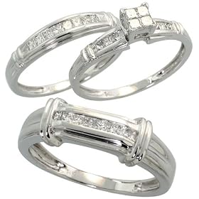 14k White Gold Trio 3-Piece His (5mm) & Hers (4mm; 4mm) Wedding Band Set, w/ 0.78 Carat Invisible-set Diamonds; (Men's Size 9 to 12; Ladies' Size 6 to 8)