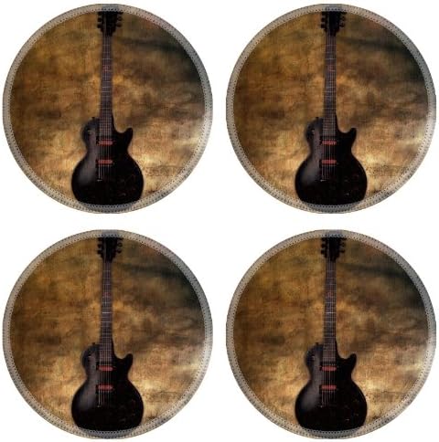 Single Black Acoustic Guitar String Round Coaster (4 Piece) Set Fabric Rubber 5 Inch Size Luxlady Coaster Cup Mug Can Water Bottle Drink Coasters Stain Resistance Collector Kit Kitchen Table Top Desk