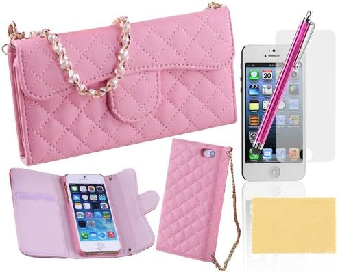Kingsource (TM) Elegant Lady Handbag Style Wallet Leather Case with Credit Card Slots Suitable For Apple iphone 5 5g 5s Crystal Flower Bling and Hand Strap Luxury Fashion Handbag Metal Chain Style PU Leather Wallet Case for Apple iphone 5 5g 5s with 1 Screen Protector, 1 Stylus and 1 Microfiber Sticker Digital Cleaner (iPhone 5 5s pink)