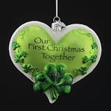 3.5' GLASS IRISH 'OUR FIRST CHRISTMAS TOGETHER' SHAMROCK HEART ORNAMENT