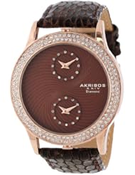 Akribos XXIV Womens AK569BR Lady Diamond Dual Time Leather Strap Watch