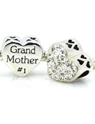 Pro Jewelry .925 Sterling Silver " 2 Sided #1 Grand Mother / White Swarovski Pave on Heart " Charm Bead Compatible with Pandora Chamilia Kay Troll Bracelet