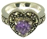 Silver Ladies Marquesite and Amethyst Heart Ring