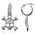 Cubic Zirconia CZ Accent Sterling Silver Earrings Skull Crossbones Dangle Earrings