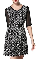 V-neck Mesh General Print Summer Elbow Length Sleeves Satin  Dress