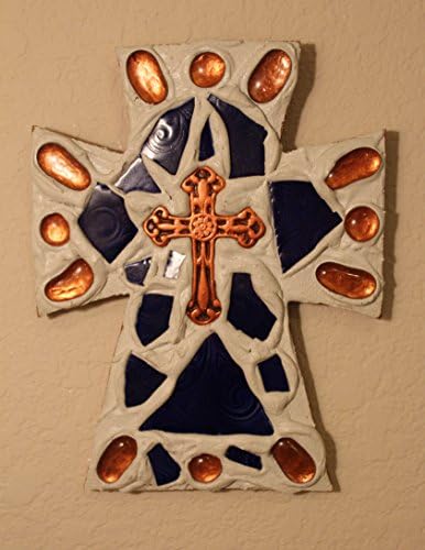 Collectible Mosaic Wall Cross, Item # S-503, 10 in. x 8 in., Cobalt Blue and Copper Color, Handmade, OOAK, Ready to ship