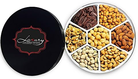 Assorted Nut Tray Gift Platter Tin - Kosher - Roasted Salted Cashews, Almonds, Pistachios, Macadamias, Honey Baked Glazed Pecans, Honey Roasted Peanuts, Raw Walnuts - Perfect for Holidays