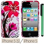 Apple Iphone 5S Or Iphone 5 Premium Pretty Design Protector Hard Cover Case / 1 of New Assorted Color Metal Stylus Touch Screen Pen (Splash-ink Painting Pink Black Blooming Spring Flower On White)