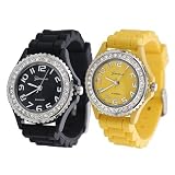 Women's Geneva Black AND Yellow Platinum Silicone Rubber Jelly with CZ Crystal Rhinestones Face Bling Bezel